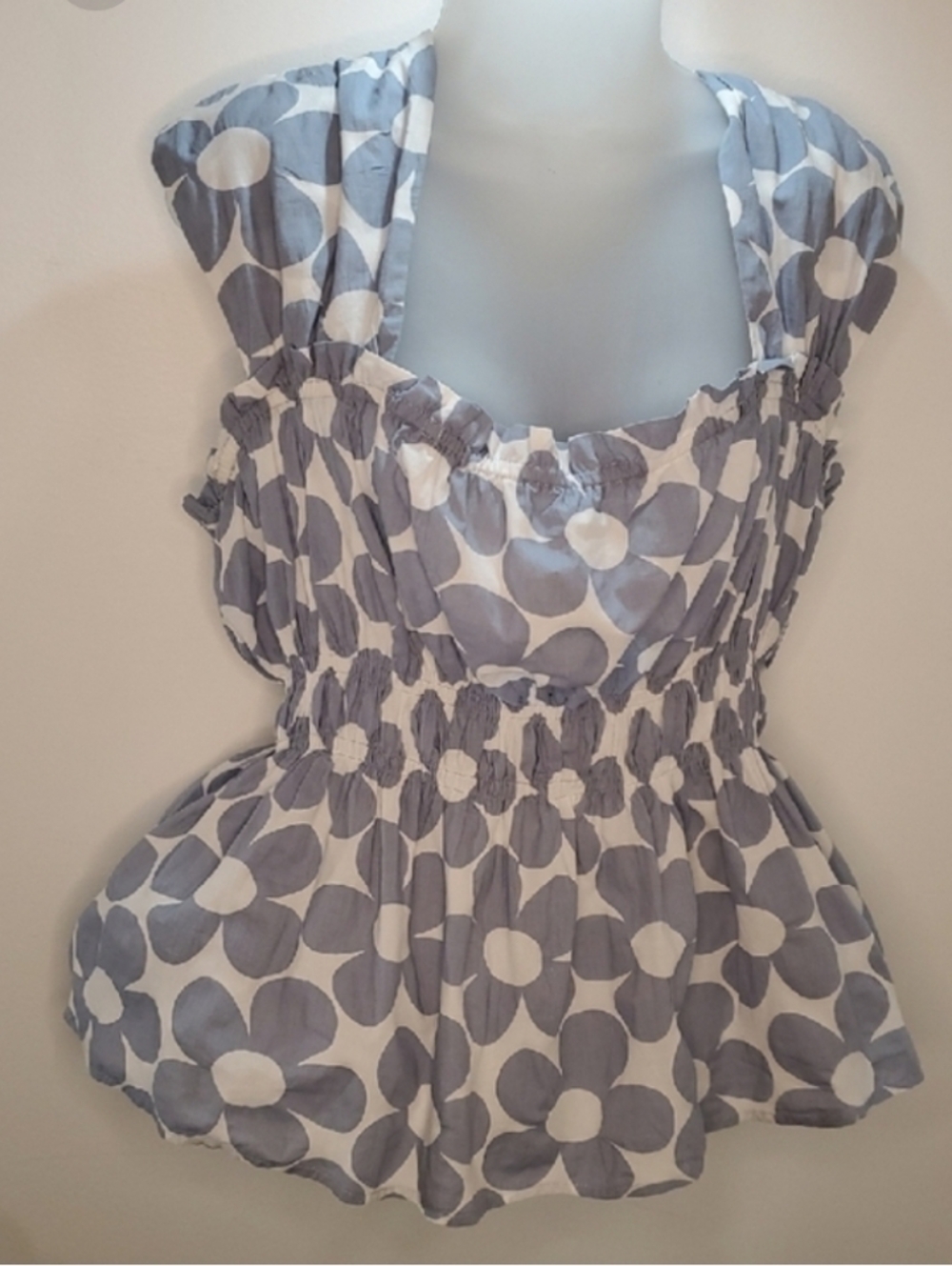 ARULA Blue and White Floral Smocked Peplum Camisole